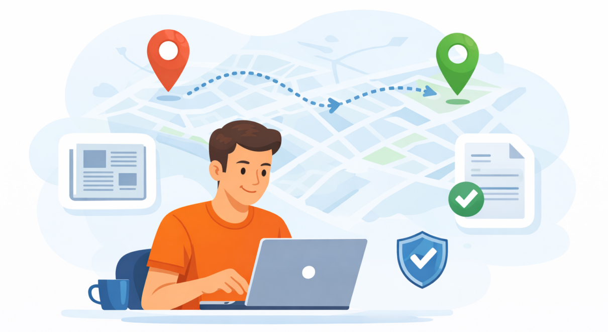Illustration vectorielle flat moderne, entrepreneur sur laptop au premier plan, carte stylisée en arrière-plan, deux pins “ancienne adresse” et “nouvelle adresse” reliés par une flèche en pointillés, icônes flottantes journal annonce légale, document attestation, bouclier sécurité, fond clair avec formes abstraites bleues, style chaleureux et rassurant, sans texte, haute résolution, format 16:9.