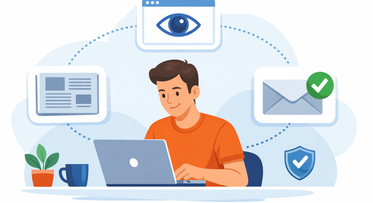 Illustration d’un parcours simple pour publier une annonce légale : formulaire, validation, attestation reçue par email.